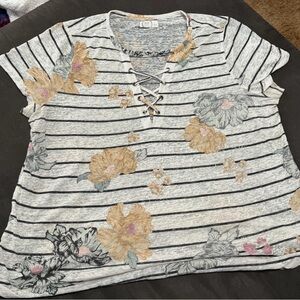 Maurices Gray Floral Lace-Up Striped Top
